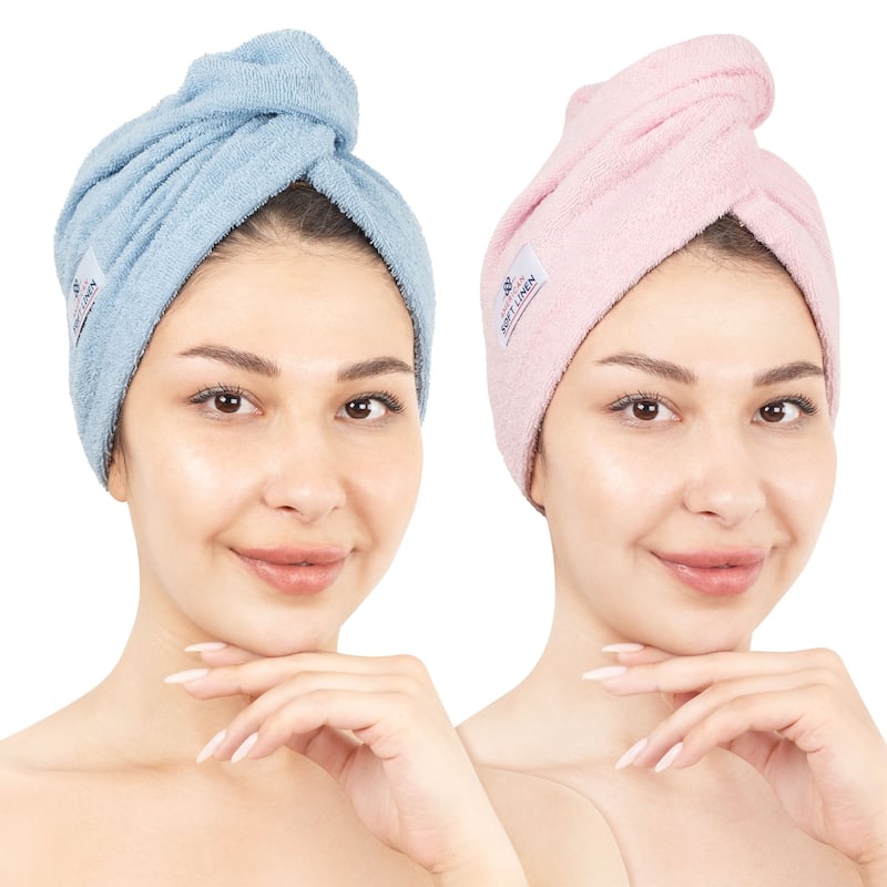 American Soft Linen 100% Cotton Hair Drying Towels for Women, Cotton Hair Turban Turkish Towel Wrap, Head Towel Cap for Hairs - Sky Blue and Pink