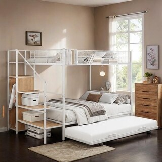 Twin Over Full Metal Bunk Bed with Trundle and Wardrobe