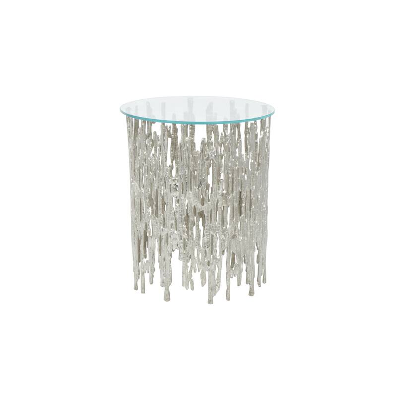 Aluminum Metal Abstract Metallic Cutout Side End Accent Table with Glass Tabletop - Silver - Roche River Decor