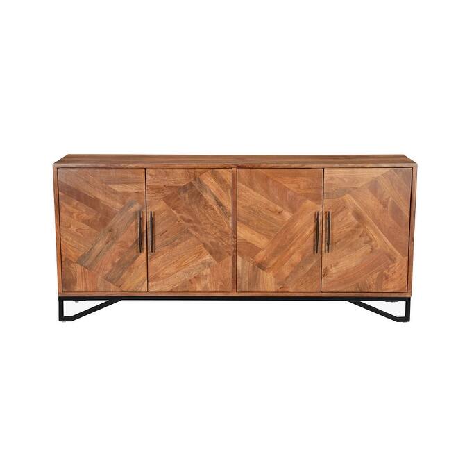 HomeRoots 82" Brown Solid Wood Carved Geometric Sideboard with Four Doors - 82.00 in. x 37.00 in. x 18.00 in.