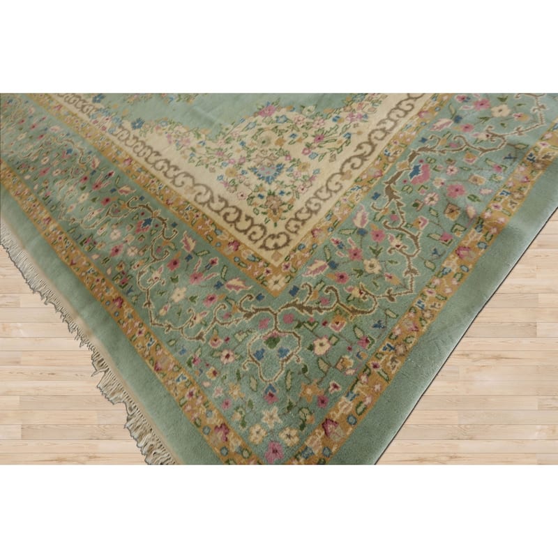 12x15 Hand Knotted Silk Sea Foam Plush Pile Kerman Traditional Rug - 12' x 15'