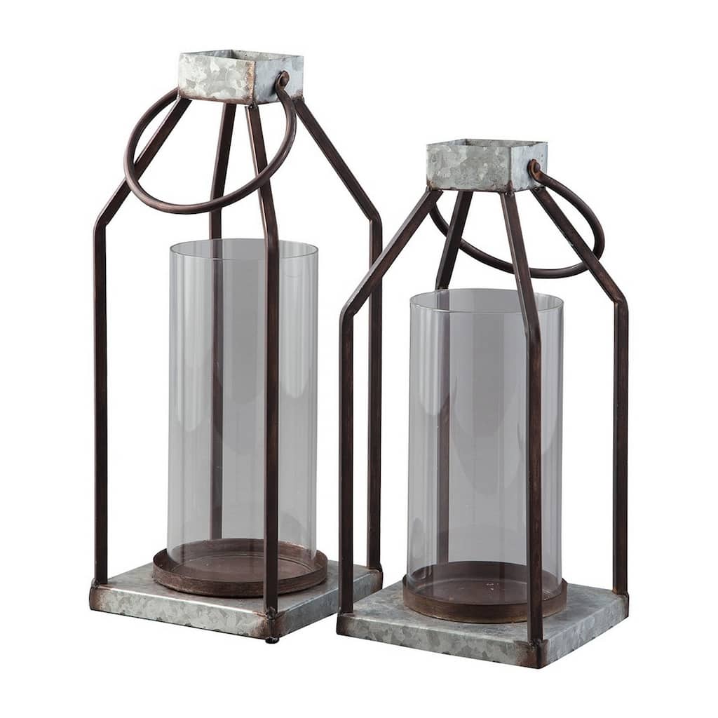 Geometric Lantern with Glass Hurricane, Set of 2, Black and Gray