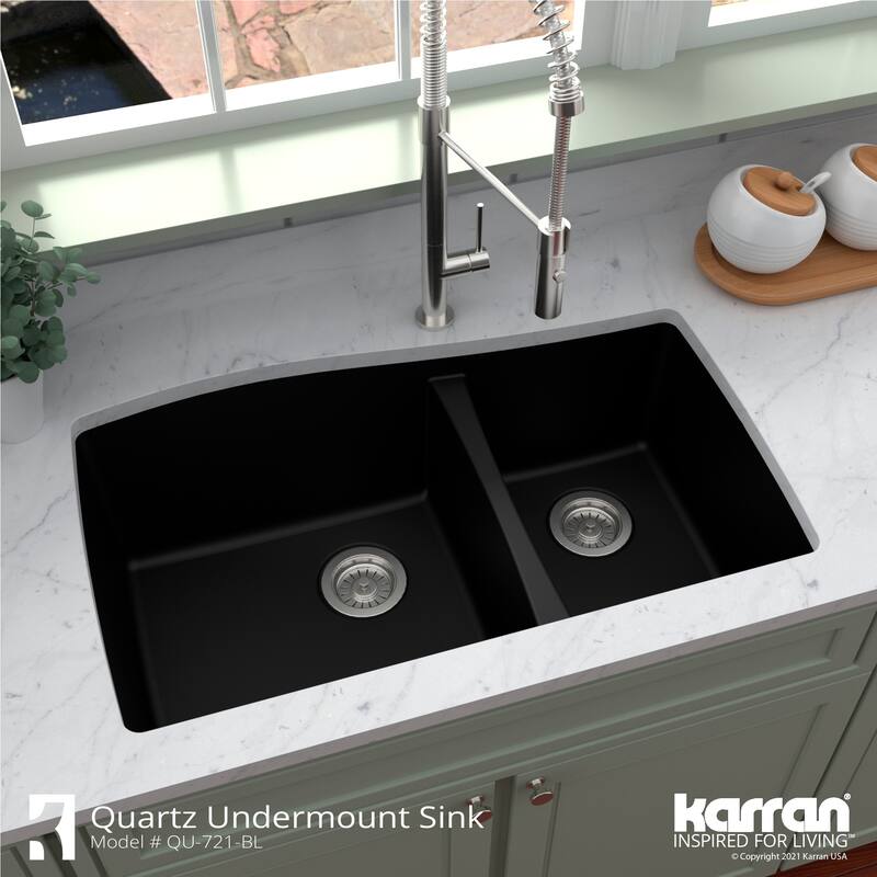 Karran Undermount Quartz 33 in. Double Bowl 60/40 Kitchen Sink with Bottom Grids and Strainers
