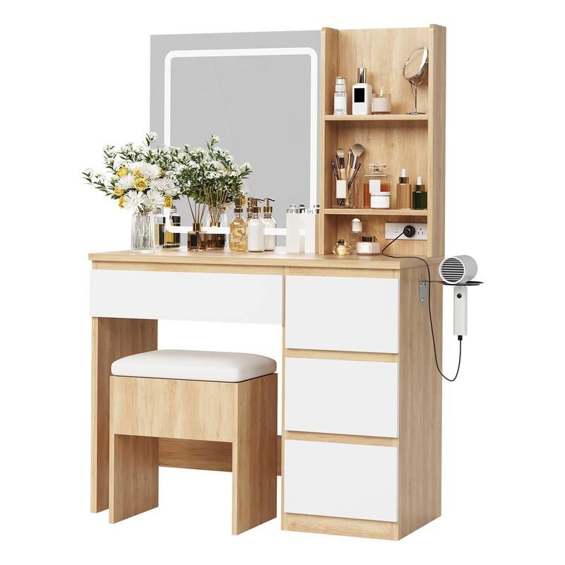 Vanity Desk with LED Mirror, Charging Ports, Storage Stool, Drawers, Hair Dryer Holder