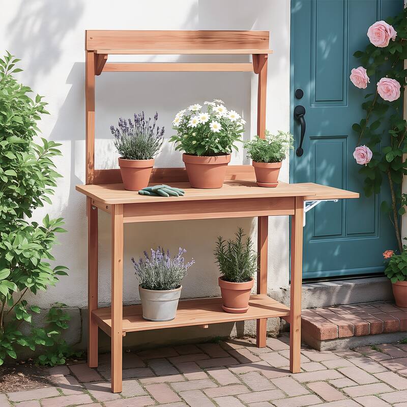 Natural Wooden Multi-Level Garden Potting Station with Foldable Side Pallet and Storage Shelf for Tools