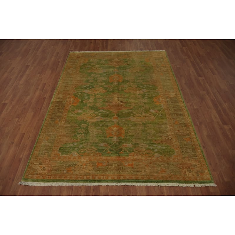 Hand Knotted Oriental 100% Wool Carpet Transitional Floral Green Oushak Area Rug - 8' 5'' X 5' 11''