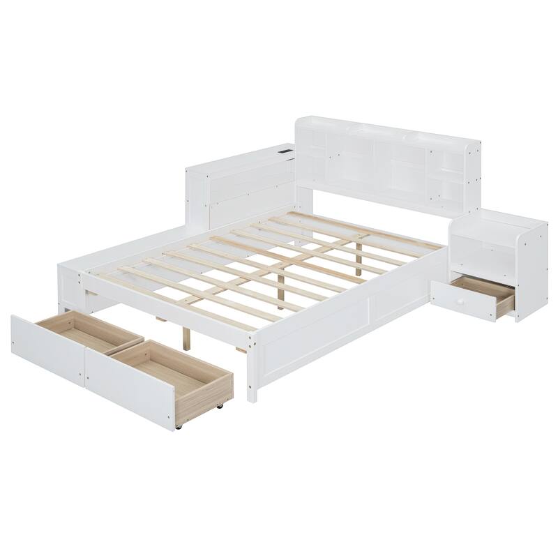 Full Size Wooden Platform Bed with Storage Headboard, Integrated Desk, Nightstand, and USB Ports for Modern Living