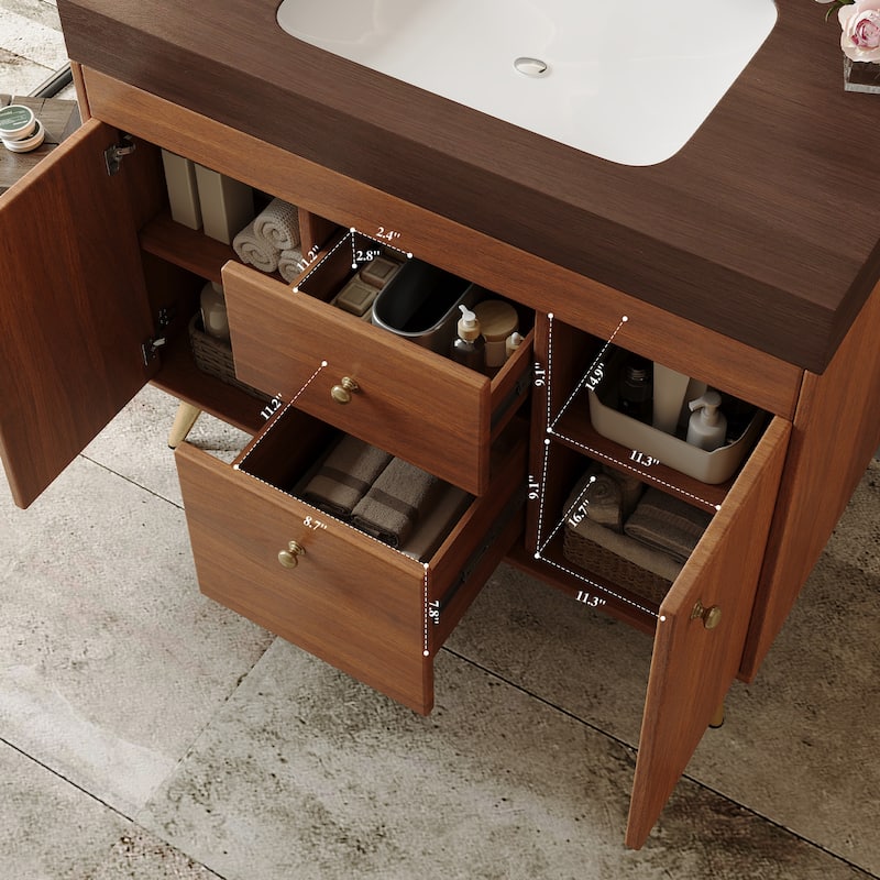 36" Modern Freestanding Bathroom Vanity with Sintered Stone Top, Ceramic Sink & Smart Storage