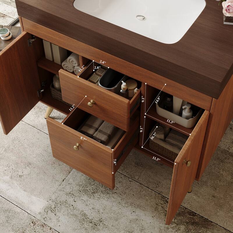 36" Modern Freestanding Bathroom Vanity with Sintered Stone Top & Ceramic Sink, Smart Storage Design & Drawers