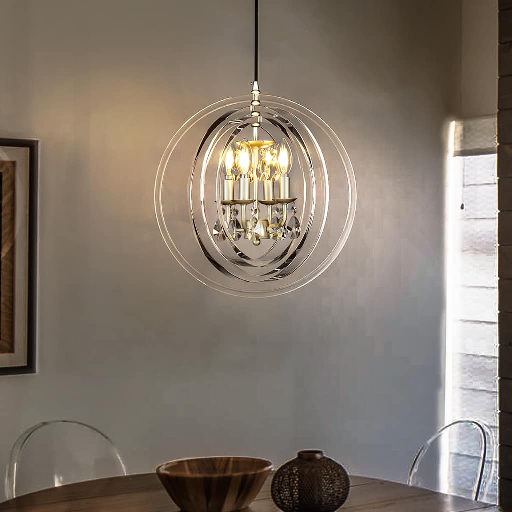 4-Light Modern Clear Globe Ghost Chandelier with Crystal and Champagne Candlestick - W:15.7"