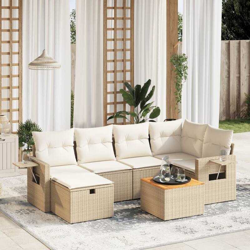 vidaXL Patio Sofa Set with Cushions Outdoor Furniture 7 Piece Poly Rattan - Beige and cream - 24.4 x 24.4 x 27.2 in