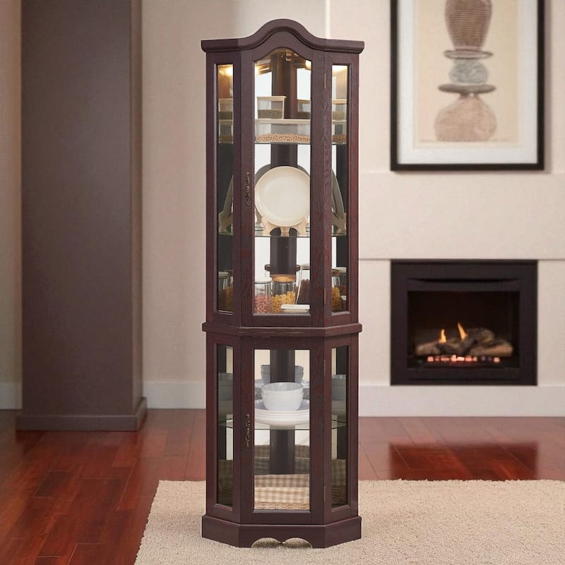 Lighted Corner Curio Cabinet with Tempered Glass Doors, Adjustable Shelves, Oak Finish Display Storage for Home Decor - Dark Cherry