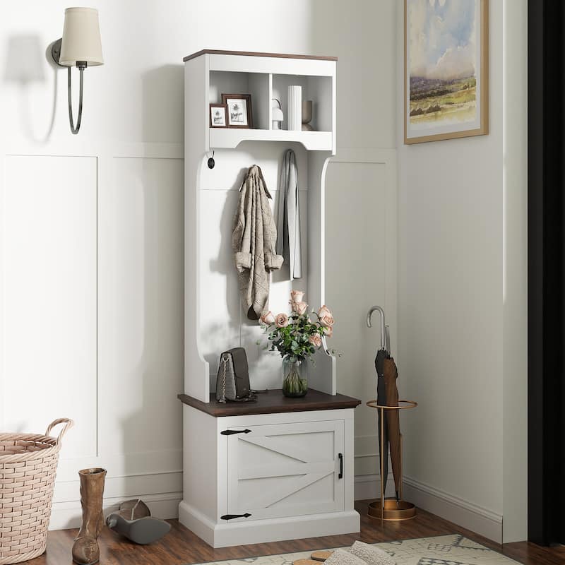 Multi-Functional Hall Tree with Bench Coat Rack Shoe Storage and Top Storage Compartments - 23.1" W x 15.7" D x 70.9" H