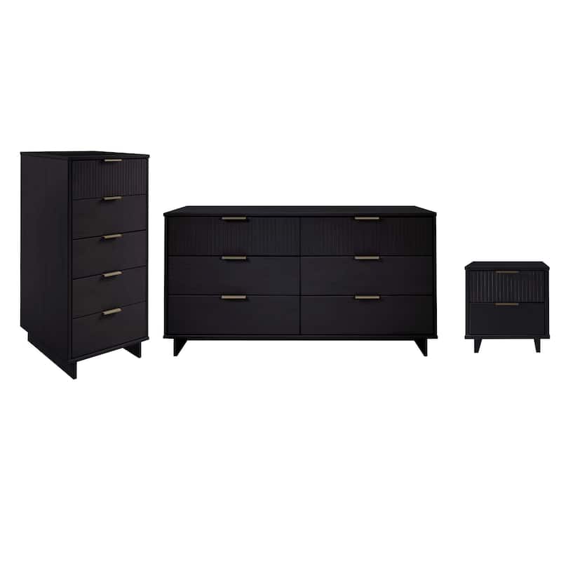 Manhattan Comfort 3-Piece Granville Modern Solid Wood Narrow Chest Dresser Nightstand Set.