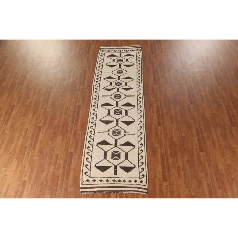 Natural Dye Beige Tribal Anatolian Runner Rug Handmade Wool Carpet - 3'6"x 11'4"