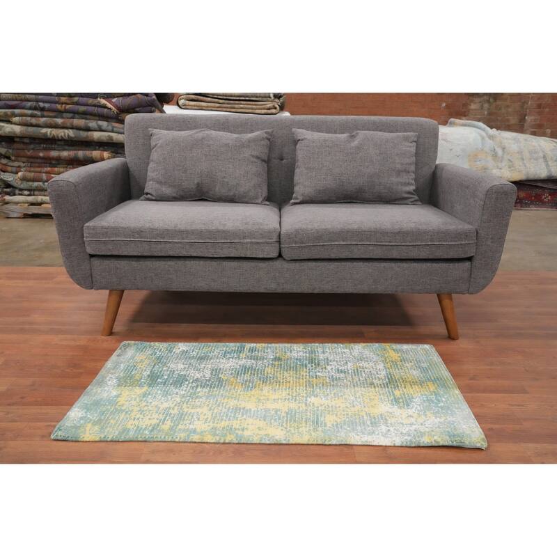 Hand Knotted Oriental Viscose Silk Carpet Modern All-Over Green Abstract Area Rug - 4' 0'' X 2' 0''