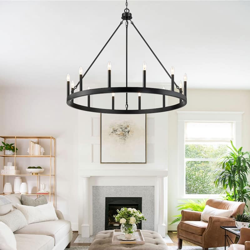 12-Light Black Candle Style Wagon Wheel Chandelier - 12 light-40"W