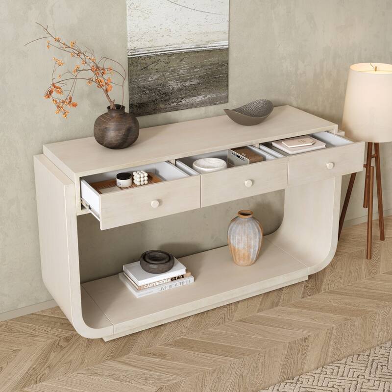 Christopher Knight Home - Alderwood Paulownia Veneer 3 Drawers Console Table with Curved Legs and Ample Storage