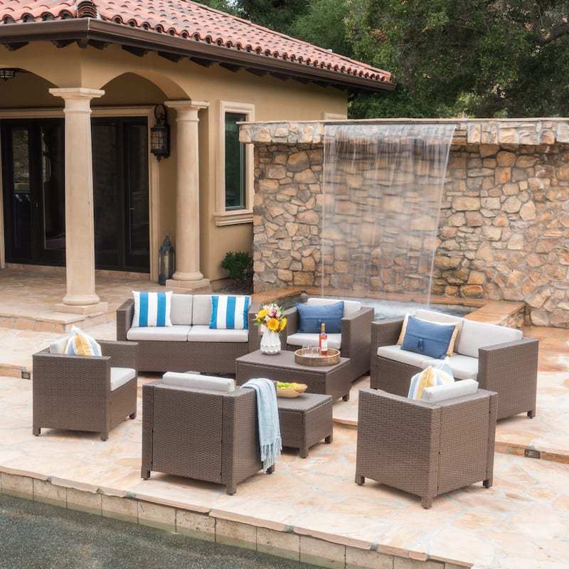 Puerta Outdoor 8-piece Wicker Sofa Chat Set with Cushions by Christopher Knight Home - brown + ceramic grey