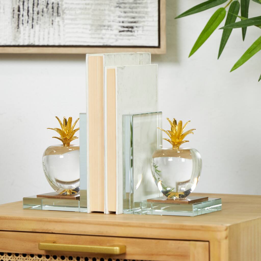 Clear Crystal Apple Fruit Decorative Bookends with Gold Leaves (Set of 2)