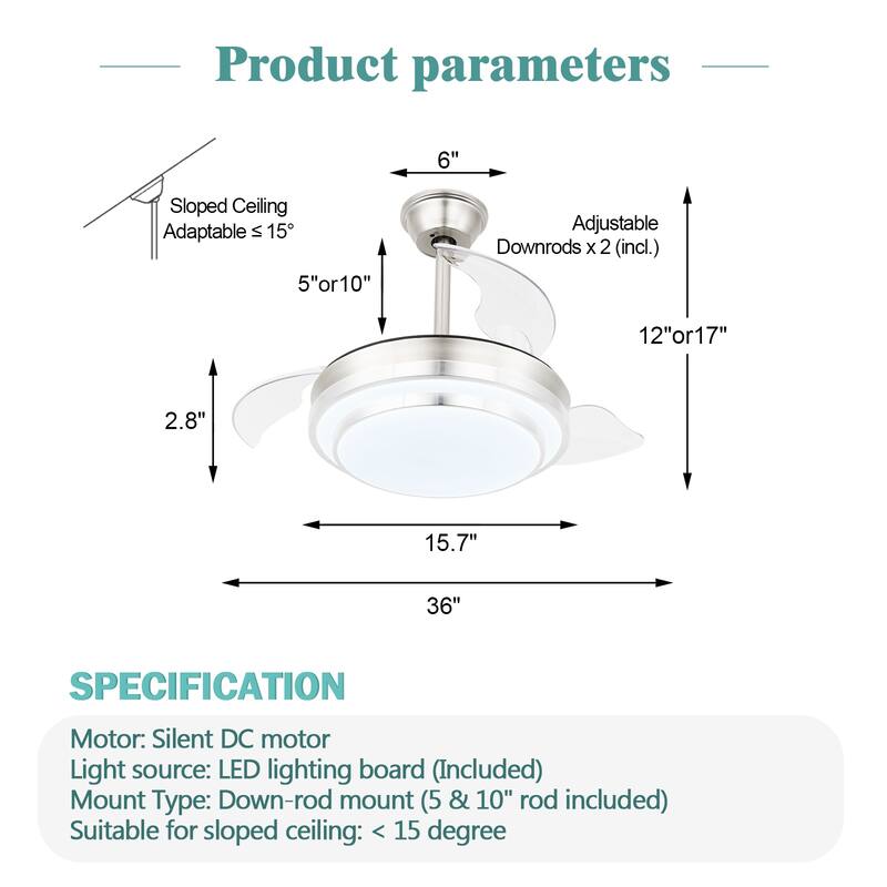 Cusp Barn Modern 36 Inch Retractable Ceiling Fan with Lights and Remote 6 Speeds Silent DC Motor LED Light Fixture for Bedroom