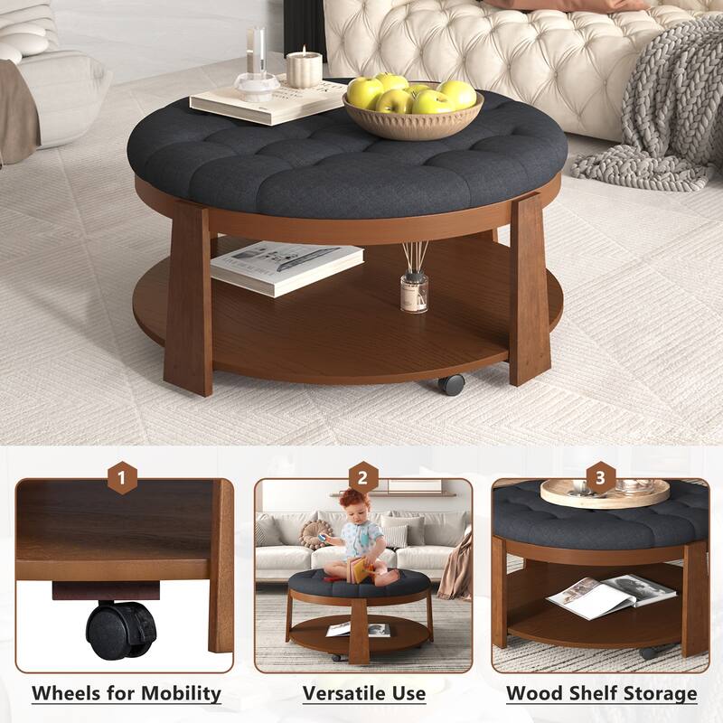 Modern Round Ottoman Coffee Table with Wood Shelf Storage Upholstered Coffee Table for Living Room Footrest Ottoman with wheel