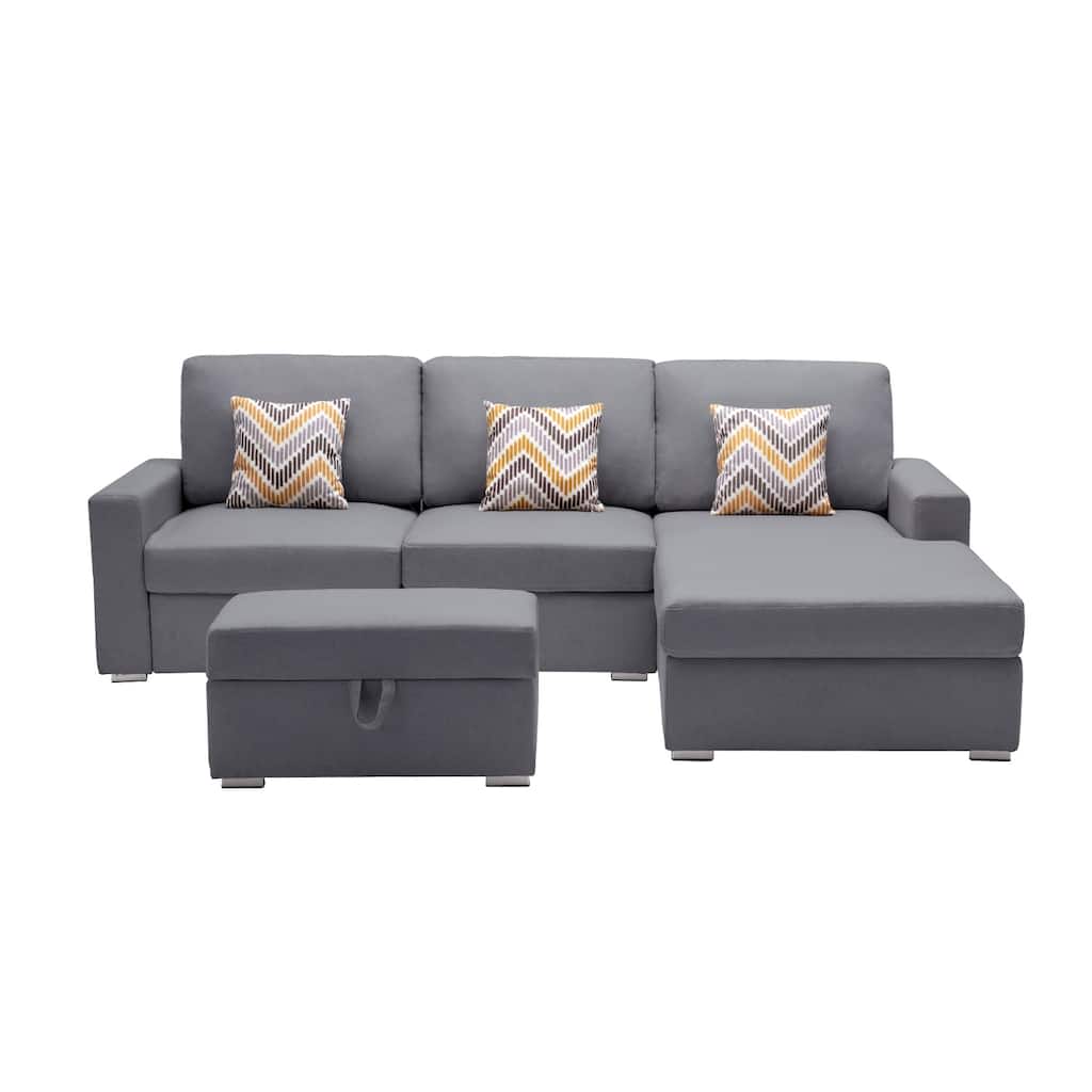 Linen Fabric 4 Piece Reversible Sofa Chaise with Interchangeable Legs and Storage Ottoman in Grey