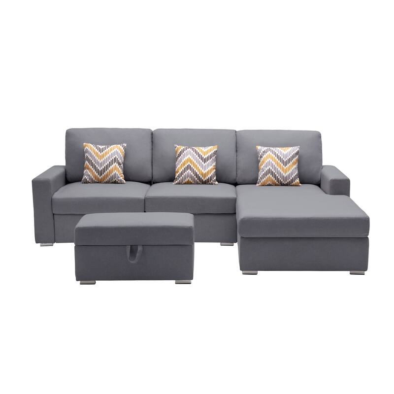 Linen Fabric 4 Piece Reversible Sofa Chaise with Interchangeable Legs and Storage Ottoman in Grey - 4 Piece - Gray