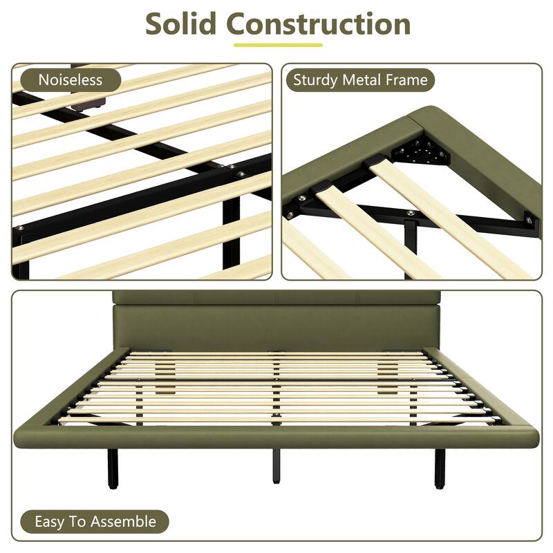 Floating Bed Frame with LED Light, Modern PU Leather Platform Bed with Metal Base Legs and Wood Slat Support