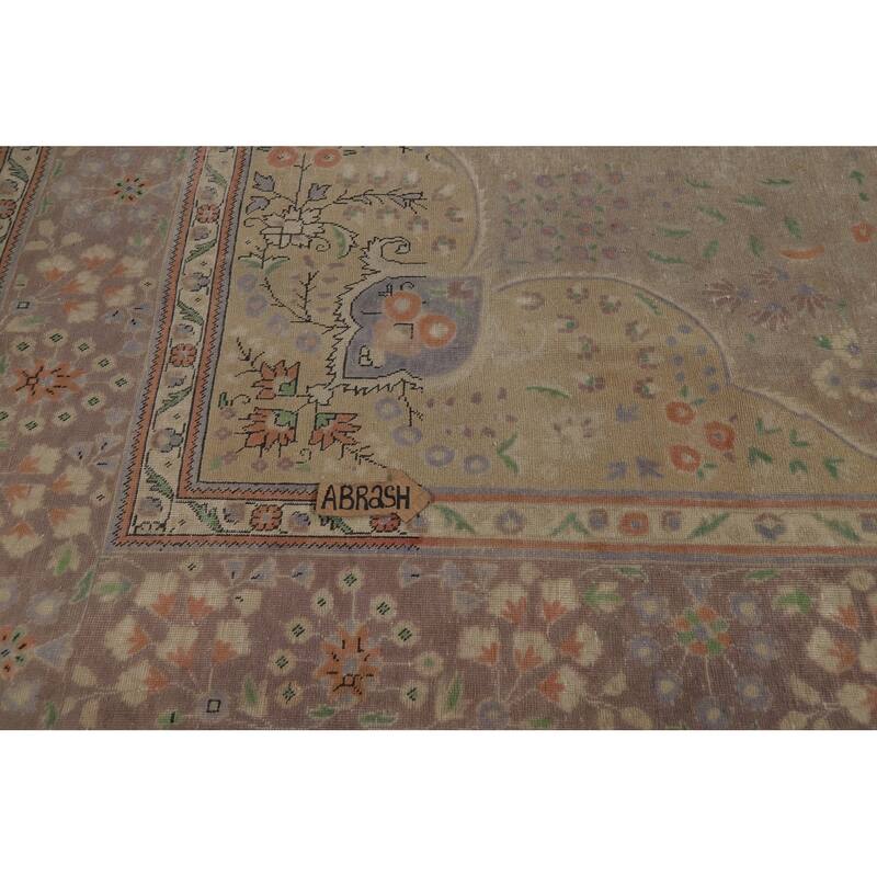 Distressed Brown Tabriz Persian Area Rug Hand-Knotted Wool Carpet - 9'8"x 12'11"