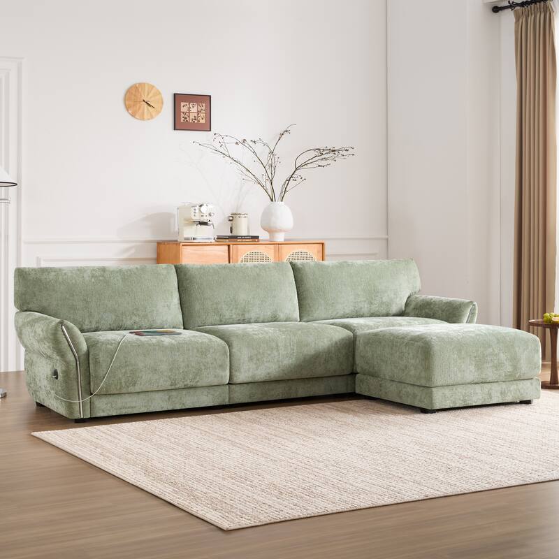110" Modular Sectional Sofa, L-Shape, Green Chenille, with Charging Ports, Petal Armrests, Free Movement Ottoman - Multi-Color