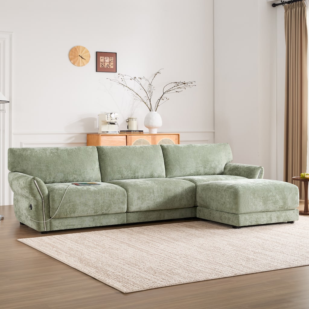 Modular Sectional Sofa Set with Petal Armrest Design External USB and Type-C Charger, Movable Ottoman, Chenille