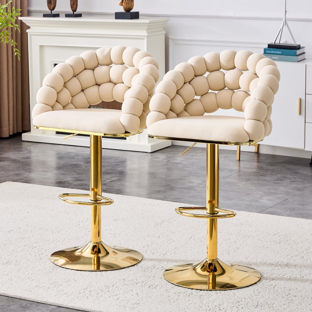 Set of 2 Puffy Bubble Chair Ball Chain Chair Velvet Bar Stools with Gold Legs, Modern Tufted Adjustable Bar Chairs