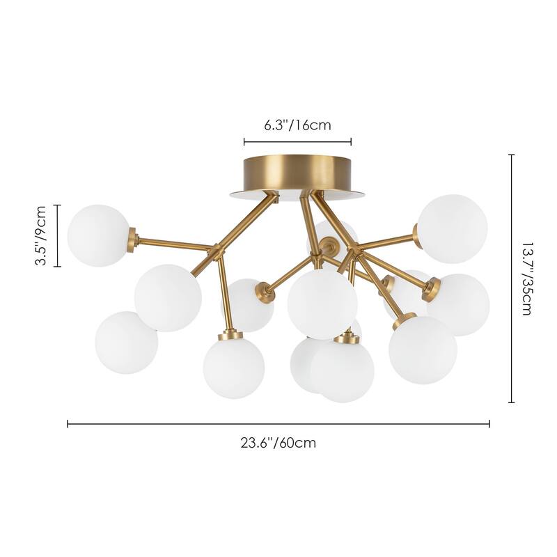 15-Light Modern Gold Sputnik Cluster Frosted Opal Glass Globe Bubble Semi-Flush Mount LED Light - 23.62 in. W x 13.78 in. H