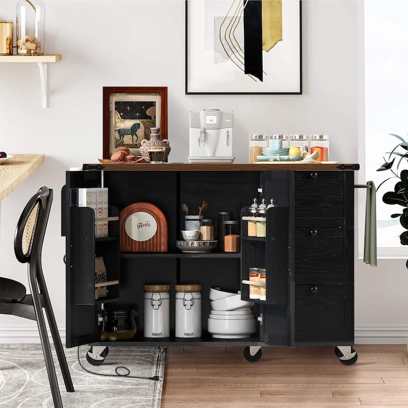 54.5-inch Farmhouse Kitchen Island with Rolling Kitchen Cart on Wheels, Folding Breakfast Bar with Electrical Outle-White/Black