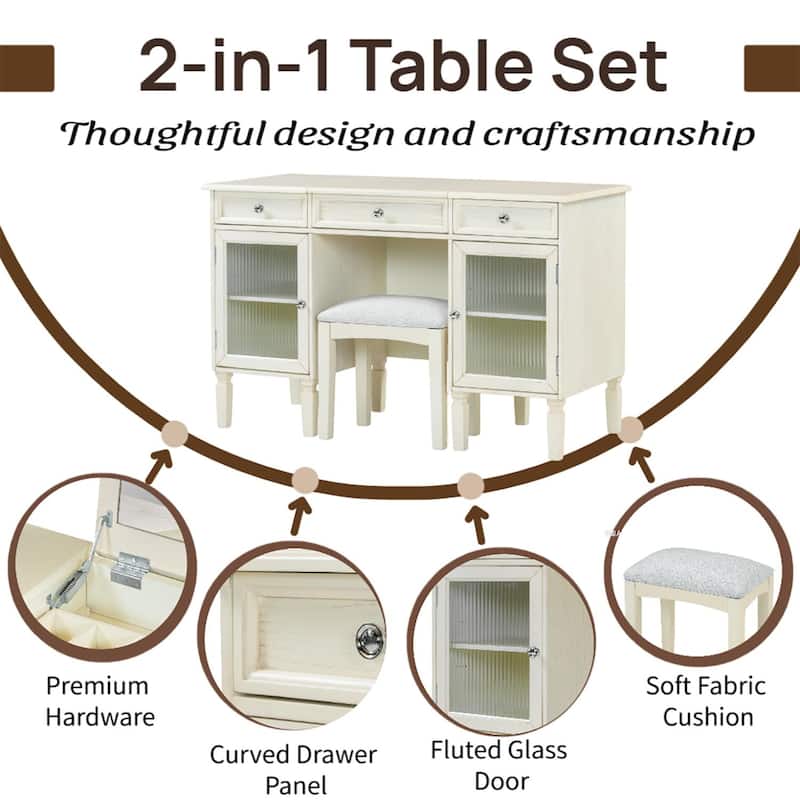White Oak Vanity Desk with Hidden Mirror Storage Drawers Cabinets and Upholstered Stool - 46.5”L x 20.2”W x 29.7”H