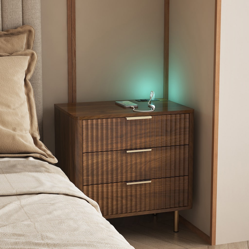 Nightstand with Charging Station, Smart Nightstand with Night Light, Modern Night Stand with Storage Cabinet for Bedroom