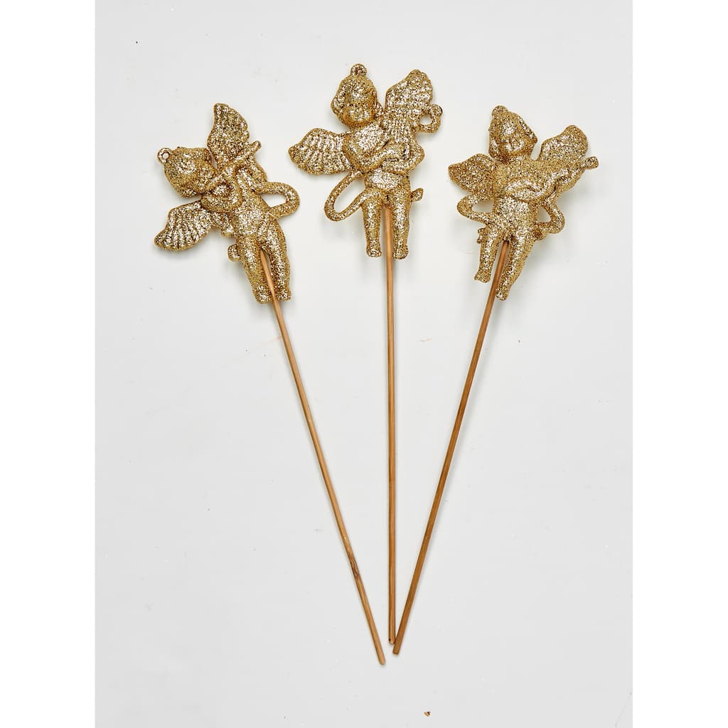 4" Glittered Angels with Musical Instruments on 6" Pick, 3 Assorted, Set of 12 - 10