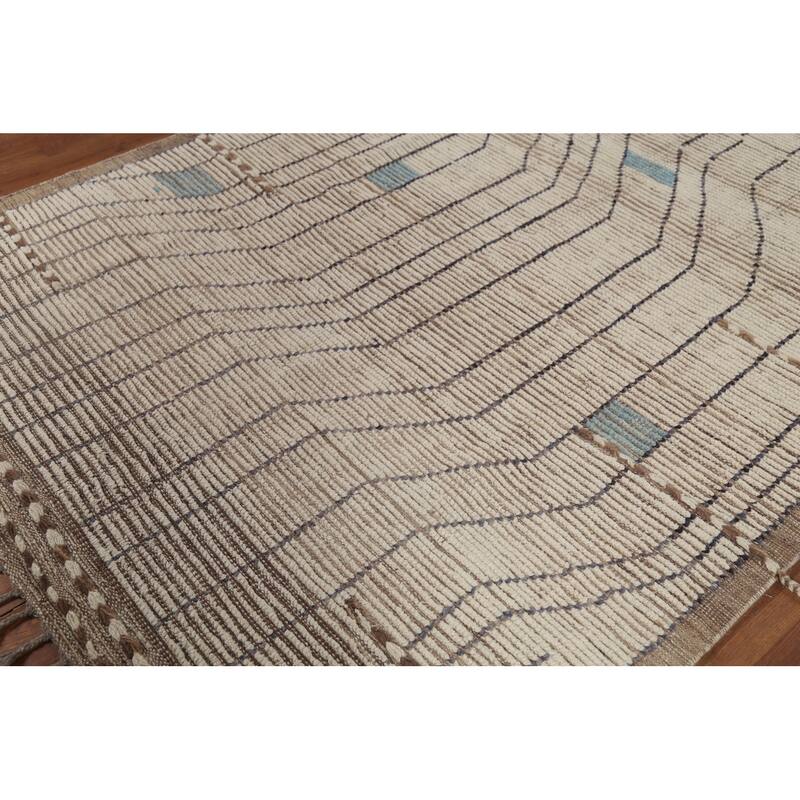 Beige Moroccan Striped Rug Hand-Knotted Wool Carpet - 5'8"x 9'11"