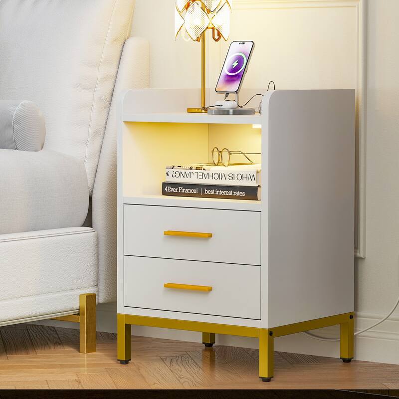 Moasis Modern LED Nightstand Set of 2 with Drawer and Storage Shelf, Bedside Table with Charging Station
