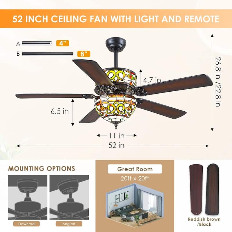 50" TiffanyTropical Ceiling Fan with 5 Palm Leaf Bllades and Vintage Cover Waterproof for Indoor and Outdoor Patio