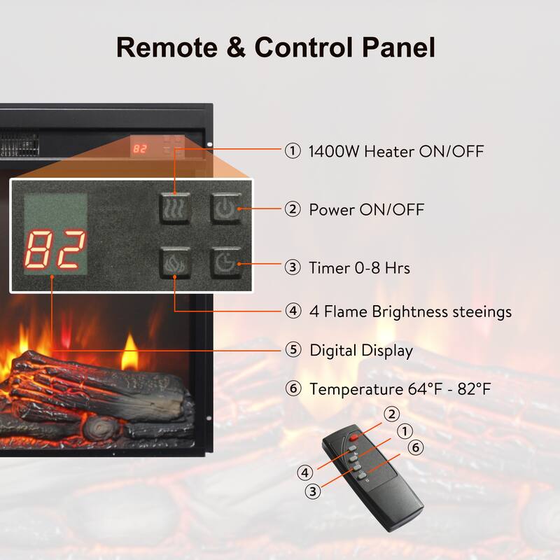 23 inch electric fireplace insert, ultra thin heater with log set & realistic flame, remote control with timer