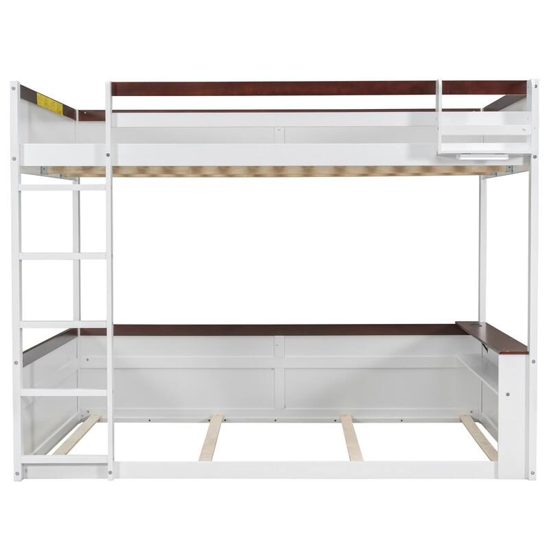 Queen Size Wooden Bunk Bed with Built-in Shelves and Hooks, Versatile Bed Frame with LED Light and Charging Station