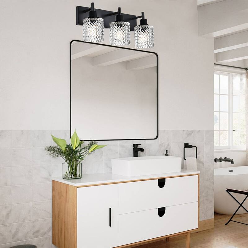 3-Light Industrial Black Wall Sconce with Hammered Glass Shades