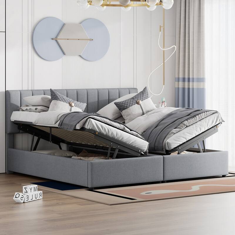 King Size Upholstered Platform Bed with a Hydraulic Storage System, Gray