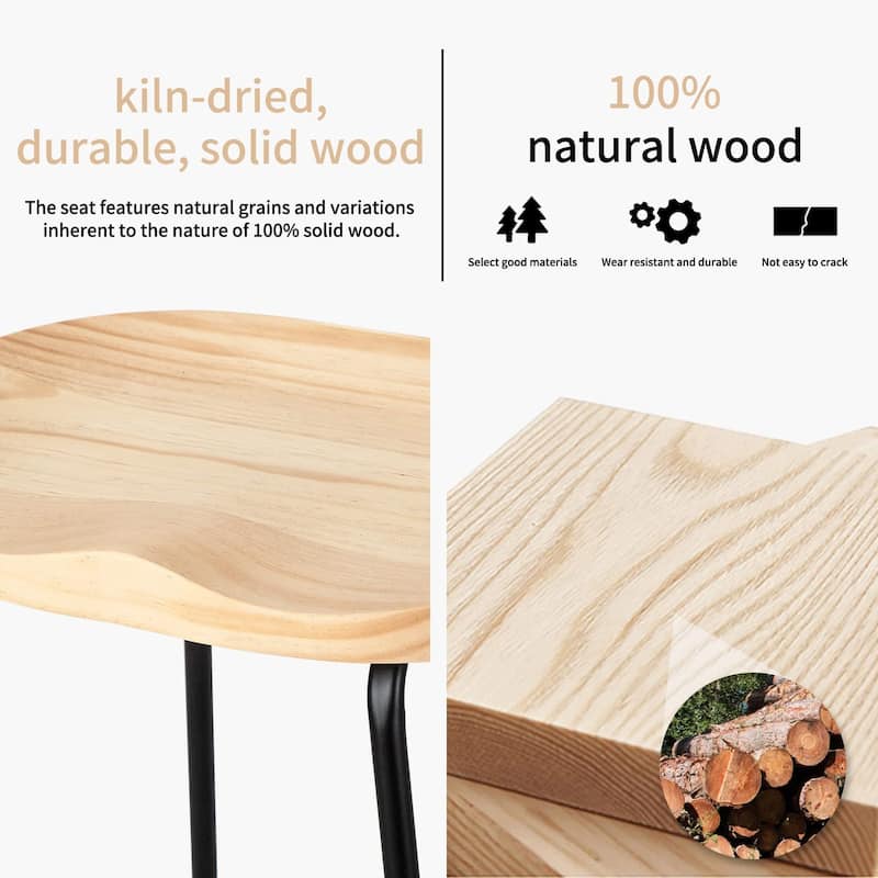 Counter Bar Stools Set of 3, Solid Wood Bar Stool for Kitchen Island 26" Barstool w/Metal Leg Rustic Backless Saddle Seat Stools