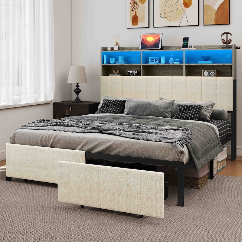 Upholstered Platform Bed with Storage Footboard