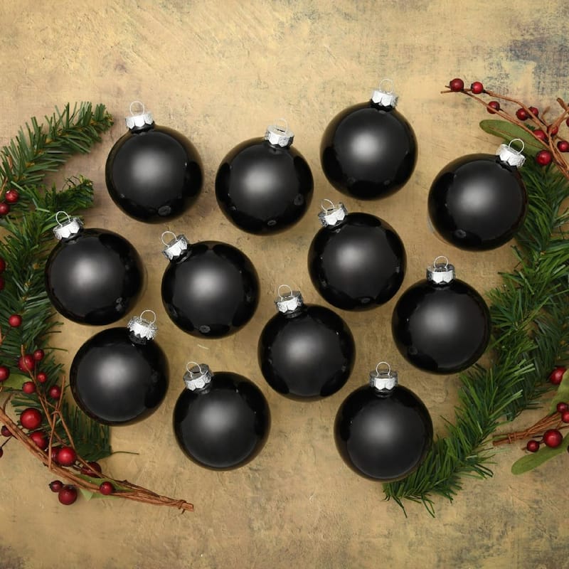 12ct Black Shiny Glass Christmas Ball Ornaments 2.75" (70mm)