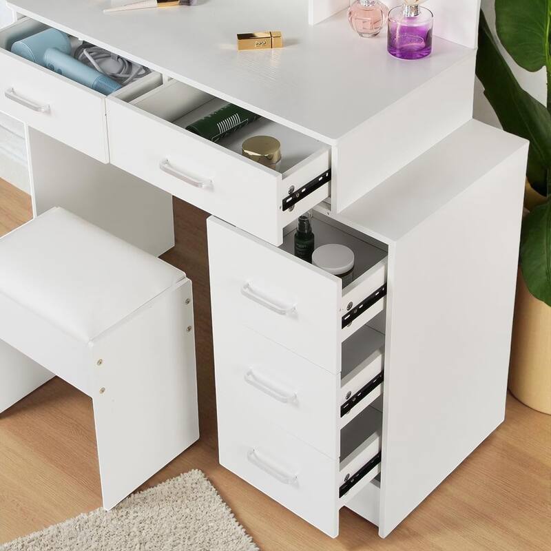 Adjustable Vanity Table with LED Mirror, 5 Drawers, Sliding Storage & Stool, Touch Light Modes