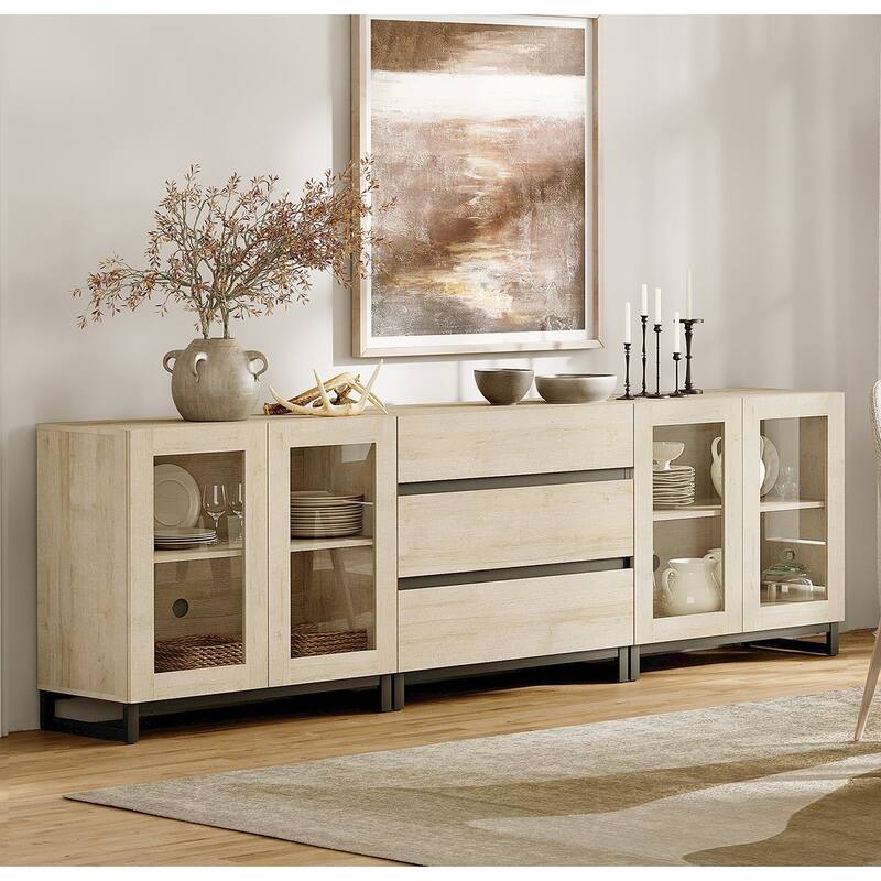 WAMPAT 3 in 1 Modern Sideboard with Glass Doors and 3 Drawers, Coffee Bar Cabinet for Kitchen - 94.5 inches - Beige